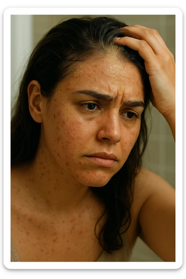 A highly realistic, cinematic close-up portrait of a young woman in her late 20s with medium skin tone, displaying visible folliculitis and seborrheic dermatitis. Small, red, inflamed follicular papules and pustules are scattered along her hairline, jawline, and upper neck, indicating folliculitis. Her scalp and areas around the nose and eyebrows show flaky, greasy yellowish scales, with redness and irritation, indicating seborrheic dermatitis. Her hair appears slightly greasy and clumps near the scalp, emphasizing excess sebum production. She gently touches her irritated scalp with concern while looking at herself in a softly lit bathroom mirror, expressing discomfort and frustration. The environment is neutral and clean, with daylight softly illuminating the scene to highlight the skin and scalp texture. The style is 35mm hyperrealistic, with warm neutral tones and shallow depth of field to maintain focus on her skin, inflammation, and emotional expression, visually explaining the physical discomfort and aesthetic concerns of living with folliculitis and seborrheic dermatitis sticker