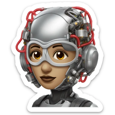 Silver curly hair female cyborg head with red respirator mask and circuits sticker