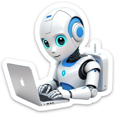 Emoji: a cute humanoid robot typing on a laptop, with lines of code appearing on the screen. The robot has a friendly expression, 3D style, minimalistic background, cool AI-inspired colors sticker