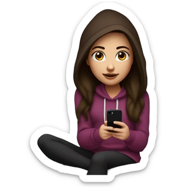 A cute girl with burgundy dark brown hair with red eyes on her iPhone 16 Plus on a couch with a purple hoodie and black leggings. Her hair is long and she has blue eyes. sticker