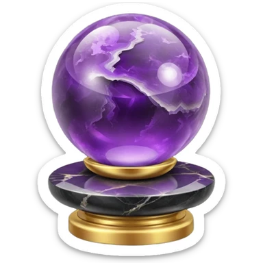 Purple amethyst sphere on a black marble pedestal on a gold cushion sticker