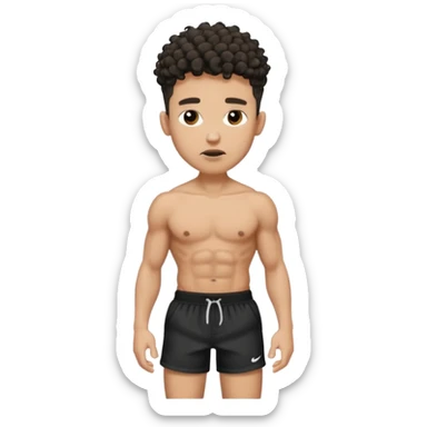Ripped, athletic man with thick neck, high top fade with no part, curly hair only top only, no shirt and show waistline up, white male, black shorts and more man face sticker