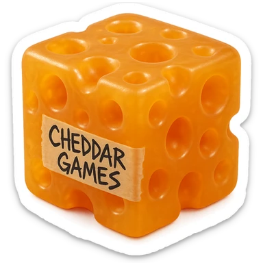 retro hyper-detailed clear orange cheddar cheese block with Swiss cheese holes, no background, plastic 90's toy texture, soft reflections, soft and squishy look, some cloudiness, not shiny, glowing a little, 'Cheddar Games' written in messy sharp text on tape on the side, looks like a high quality gummy sticker