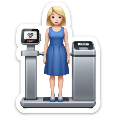 women is standing on weight check machine and she is sad because his weight is not ganaing showing weight also sticker