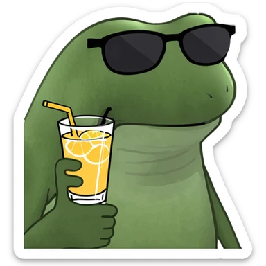 bufo frog relaxing on a tropical beach, wearing sunglasses, with a drink in hand sticker
