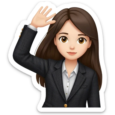 Brunette long straight hair white professional women head shot in Zara black tweed blazer sticker