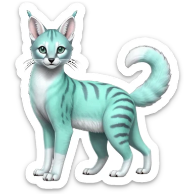 Colorful dark realistic tropical iridescent pale light jade-green, mint-blue, whitish pastel white glorious divine exotic cute cool beautiful shiny beautiful fantasy-caracal-civet-genet-sergal-vernid-Cacomistle-Trico-oncilla-animal-Fakémon-hybrid-fursona (full body) sticker