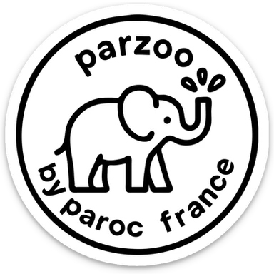 Logo avce un éléphant qui projette de l'eau avec au tour ( en rond ) écris : parzoo by paroc france  sticker