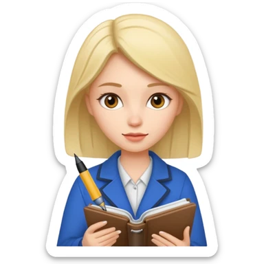 woman writing in a notebook with a pen sticker