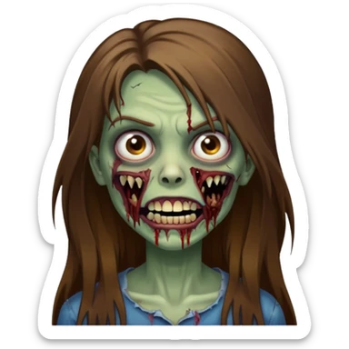 Girl zombie with brown long hair with teeth and serious face IOS style sticker
