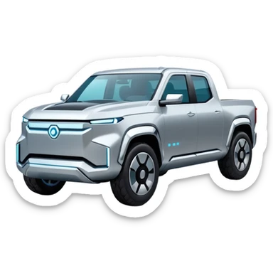 A futuristic electric pickup truck emoji, silver chrome body, angular cyber design, smooth metallic panels, subtle reflections, minimalistic proportions, iOS emoji style, centered composition, clean white background, soft lighting sticker