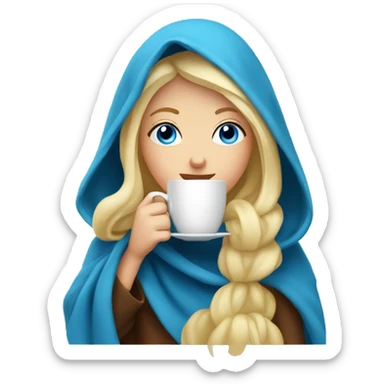 Blonde girl in a blanket sipping coffee with blue eyes sticker