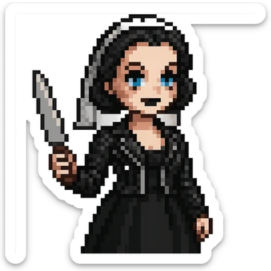 Make Chucky’s bride doll hold a knife, keep her in a black dress and leather jacket with dark makeup, pixel art style sticker