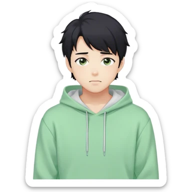 Gorgeous pastel green sweater black hair anime style shojo guy with blushing face and, hoodie, aesthetic, young adult, trending style, outside, vedal987 sticker