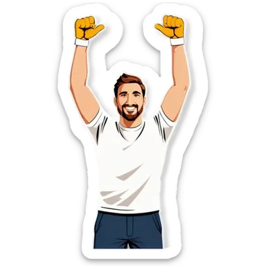 Man holding both arms in the air and holding an electrical cable sticker