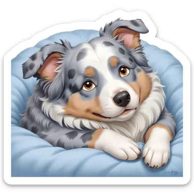 Cinematic Meme-Worthy Chubby Sleeping Blue Merle Australian Shepherd Portrait Emoji, Head resting peacefully with a contented smile, showcasing a delightfully chubby build and a luxuriously soft blue merle coat with striking white accents, eyes shut in a serene nap, Simplified yet hilariously adorable features, highly detailed, glowing with a soft, drowsy light, high shine, relaxed and utterly lovable, stylized with an air of playful laziness, bright and heartwarming, soft glowing outline, capturing the essence of a comically sleepy Blue Merle Australian Shepherd, so meme-worthy it feels like it could instantly become the next viral sensation of adorable slumber! sticker