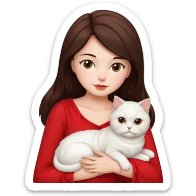 Brunette woman snuggling white Persian cat, wearing a red dress sticker