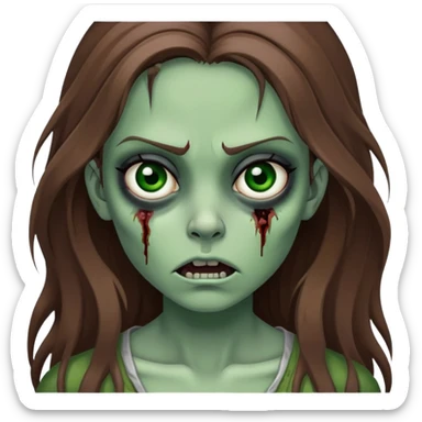 Girl zombie with long brown hair, green skin, black eyes with dark circles, and frightening expression sticker