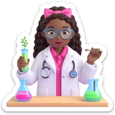 pretty black girl scientist emoji with goddess box braids hairstyle, no glasses, natural lip color, pink bow on lab coat, performing a science experiment with an electric circuit sticker