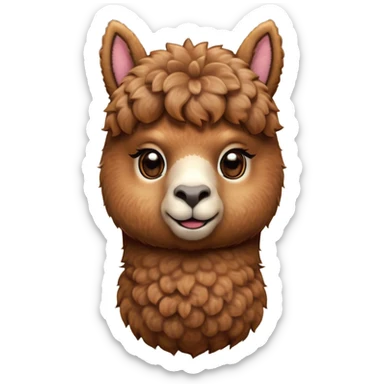 Cinematic Cute Brown Alpaca Portrait Emoji, Head tilted playfully and inquisitively, featuring a plush, rich brown fleece with a natural sheen, round, sparkling warm eyes filled with curiosity, Simplified yet irresistibly adorable features, highly detailed, glowing with a warm, friendly glow, high shine, affectionate and gentle, stylized with a touch of whimsy, bright and endearing, soft glowing outline, capturing the essence of a mischievous yet loving alpaca, so playful it feels like it could prance out of the screen and into your arms! sticker
