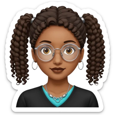 chica morena de ojos claros con gafas negras exagonales redondeadas. y pelo rizado castaño con todo el pelo recogido en una coleta . y un collar de plata . Con todo el pelo recogido un clen look sticker