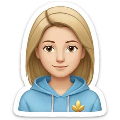 Caucasian woman, oval face, straight hair that is more brown than blonde with lighter blonde highlights, hair parted to the side, serene smile, dreamy expression, light blue hoodie with gold and white details sticker