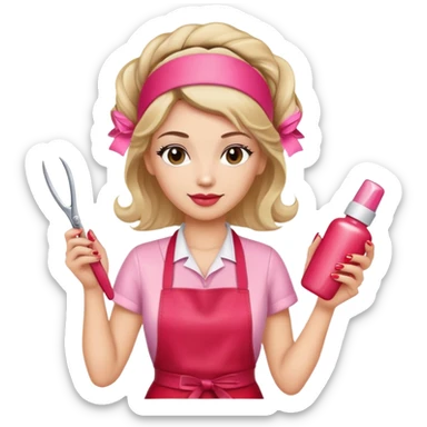 Female hairdresser with headband, wearing red apron, holding pink nail polish bottle and scissors, beauty salon employee sticker