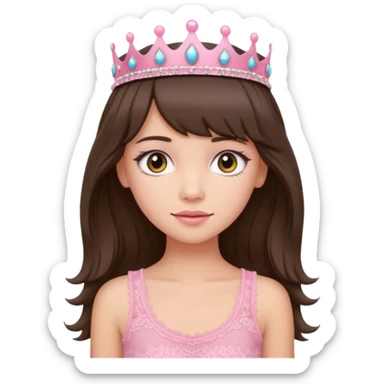 long haired brunette with curtain bangs cute pink lacy tank with a pink tiara on head, white but with a little bit of tan sticker