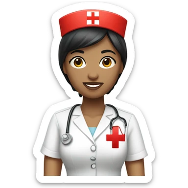 pixie cut black straight hair female nurse with red cross sign hat wearing dress
pale skin color sticker