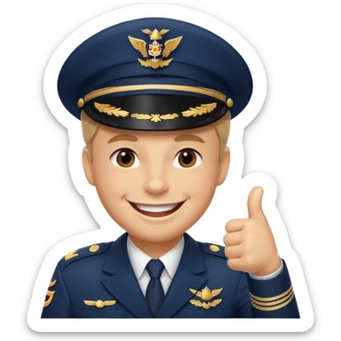 Slack-style emoji of a pilot wearing a slightly tilted navy captain hat, giving a thumbs-up, big cheerful smile, eyes closed or happy squint sticker