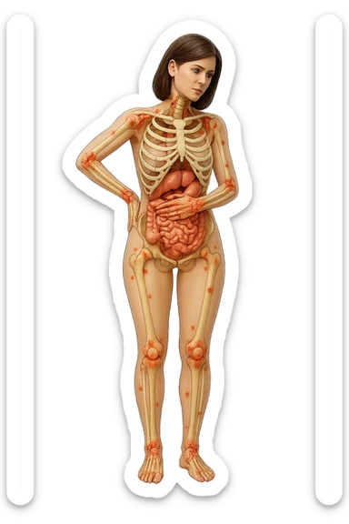 donna realistica a figura intera con red spot sparsi alle ossa, ossa del corpo visibili sul corpo, non sul volto iperrealistico 4k sticker