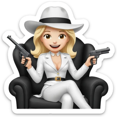 Mafia blondes Laughter lol woman in hat , gun ,black armchair , white costume  sticker