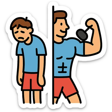 in the picture is devided in to two parts, at the first the sportsman is weak and lazy, but at the second picture the same sportsman is very strong because he doing a workout regularly sticker