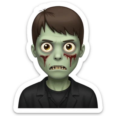 a zombie with dark circles under his eyes and medium brown hair with straight bangs, wearing black clothes
 sticker