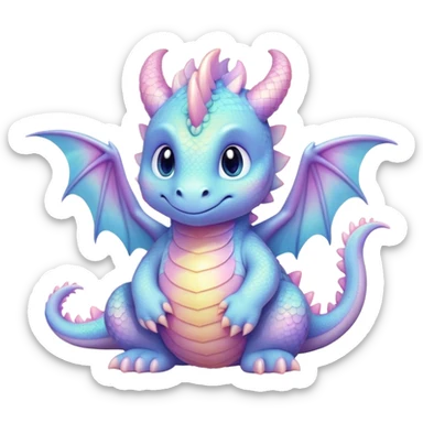 Cinematic fluffy pastel dragon, tiny round wings, chubby feet, sparkling gentle eyes, delicate glowing scales, soft colors blending magically, enchanting and whimsical. sticker