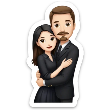 tall white man with brown hair goatee mustache hugging a pale woman with long black hair, wearing elegant clothing sticker