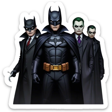 Icon for Thriller Movies: A large, dramatic collage featuring sinister villains in dark clothing. The background shows the gloomy cityscape of Gotham, with dim lighting and eerie shadows. The atmosphere should be tense, mysterious, and suspenseful. Transparent background. sticker