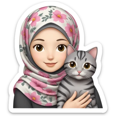 Asian White girl wearing flower-pattern hijab holding a black grey tabby cat while smiling sticker