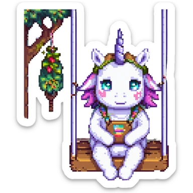 Place the unicorn on a swing in pixel art style. The unicorn remains dirty, crumpled, with bags under its eyes, a drooping horn, and a bright shiny headband. Maintain the pixel art style look. sticker