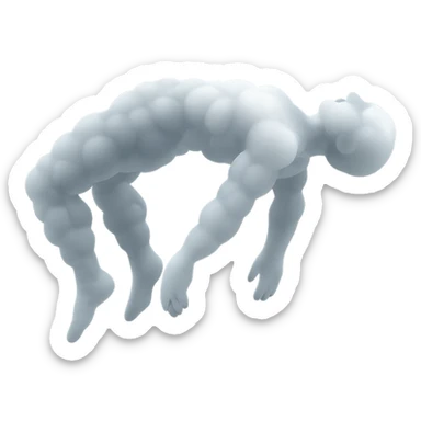 side view of unconscious person flying with torso upwards and legs and arms downwards, made of small very bright white fluffy convex clouds, matte glass style sticker