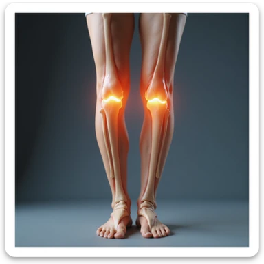 hyperrealistic 4K anatomical view of valgus knee, woman's legs standing, knees touching and ankles apart, bones and joint highlighted, white background, valgus deviation clearly visible, variant 2 with slightly changed angle sticker