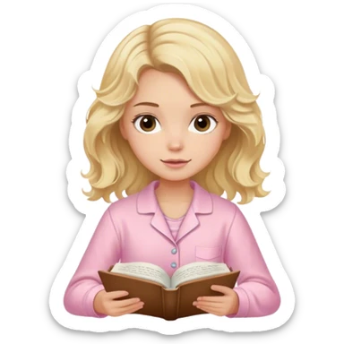 Blonde model with brown eyes, wavy hair, pastel pink pajamas, writing in journal  sticker