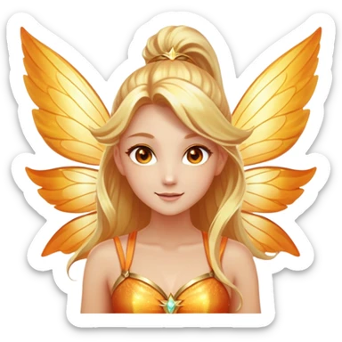 Glowing fairy with long golden-blonde hair in a high ponytail, sparkling amber eyes, and a radiant orange-gold outfit. Large translucent wings with golden shimmer, surrounded by a sunlit aura, with a joyful and confident expression. sticker