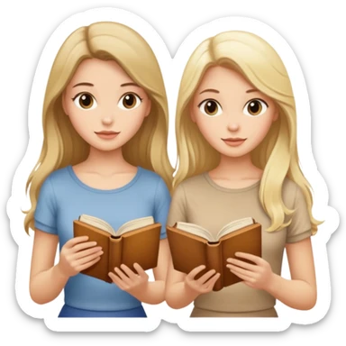 two beautiful girls in beige tops reading a beautiful vintage book. one brunette, the other blonde. both with long hair with and beige T-shirt  sticker