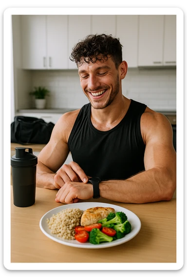 a fit man in his 30s, still in gym clothes and slightly sweaty, sits at a kitchen table right after a workout. In front of him is a balanced meal with a generous portion of rice, pasta, or potatoes, along with lean protein and vegetables. He checks his watch or a fitness app, smiling with satisfaction as he times his post-workout meal. The background is a bright, modern kitchen, with a shaker bottle and gym bag visible. in italiano sticker