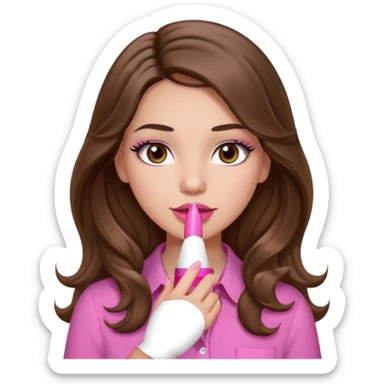 girl with long wavy brown hair, brown eyes, light to medium complexion, in a pink shirt, pink lips, long lashes, puckered lips, showing off a pink manicure sticker