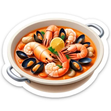 Cinematic Realistic Buzara Seafood Dish Emoji, depicted as a rustic, flavorful seafood stew with shellfish rendered with rich textures and dynamic, maritime lighting. sticker