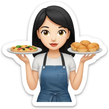 waitress with black hair and a food plate with a black tshirt and ª jeans apron sticker