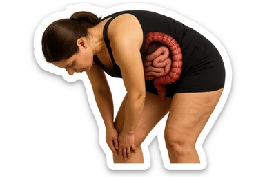 donna in gym shorts con intestino anatomico in evidenza di spalle piegata a toccarsi le cosce grasse, sulle cosce ha cellulite visibile, iperrealistico 4k sticker