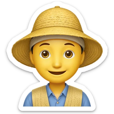 Yellow emoji smiley face with stereotypical Chinese facial features and rice farmer hat. Eyes very narrow sticker